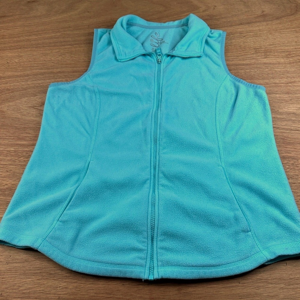 Made For Life Womens Large Teal Fleece Zip Vest Sleeveless Jacket Pockets